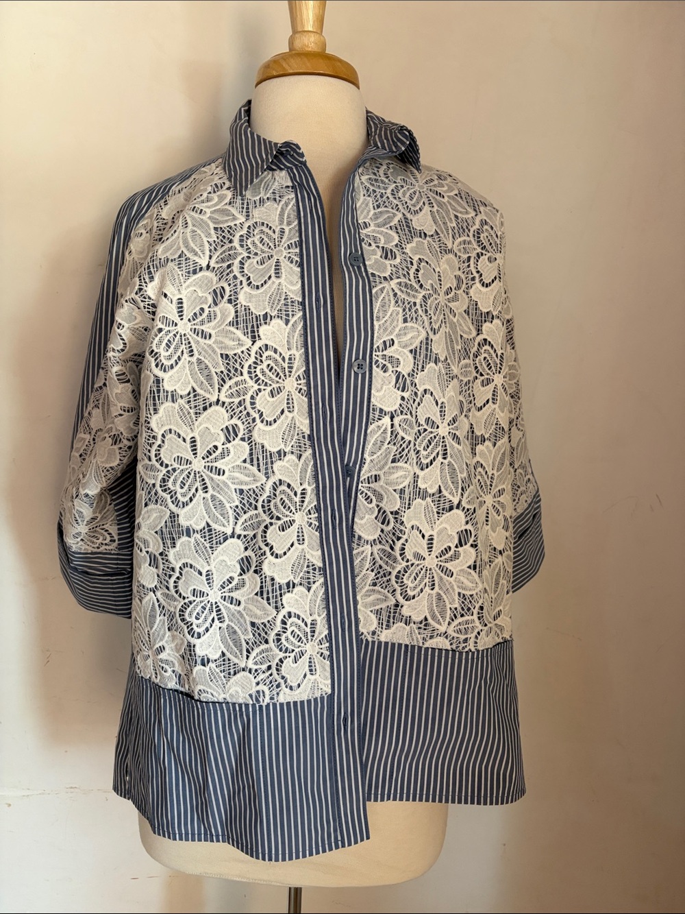LOGO by Lori Goldstein Blue & White Lace-Front Striped Shirt Jacket new